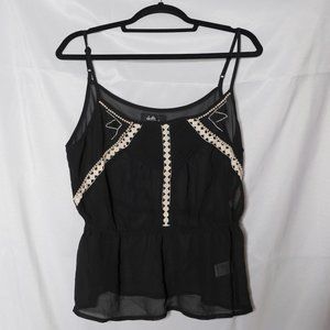 Dotti Sheer Black Spaghetti Strap Blouse with Lace and Pearl Trimming